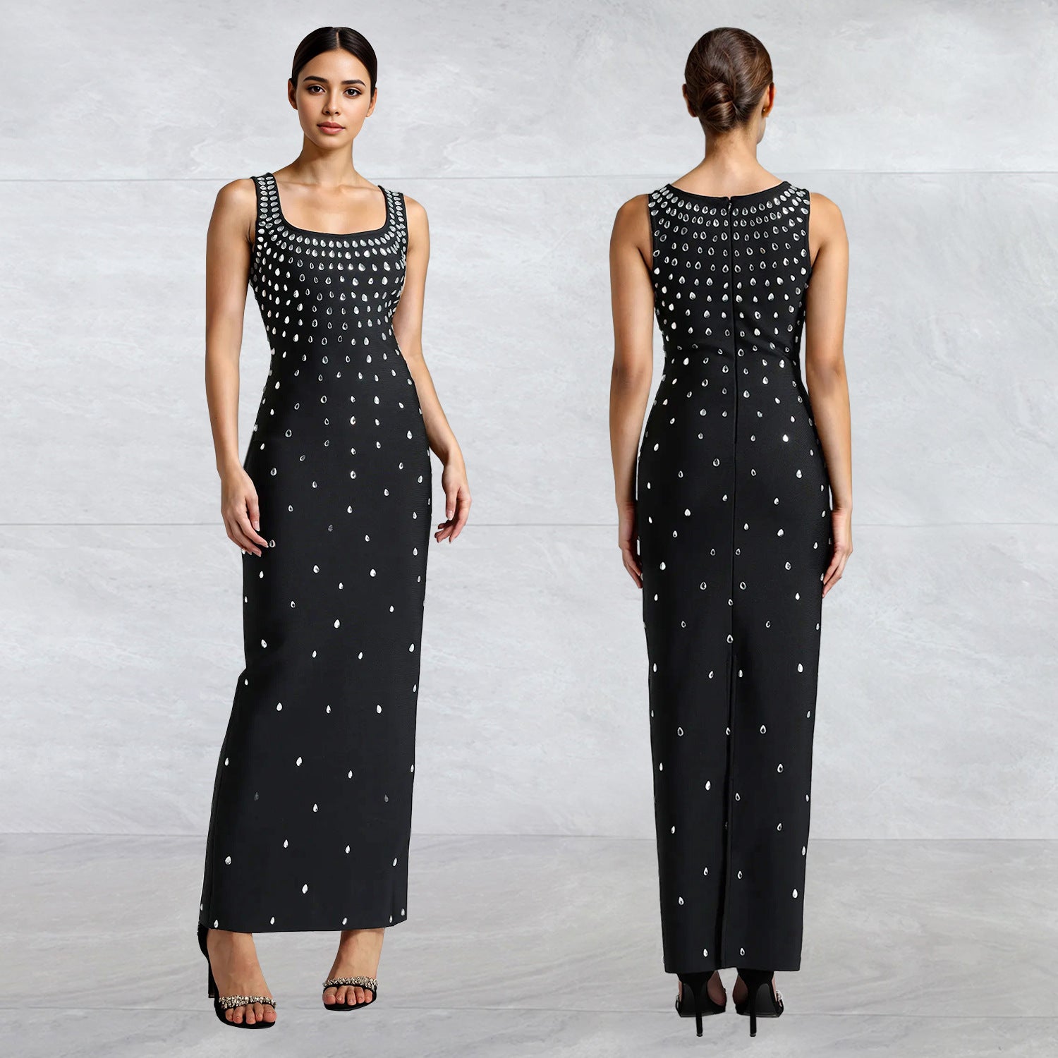 Rhinestone U-Neck Sleeveless Hip Dress