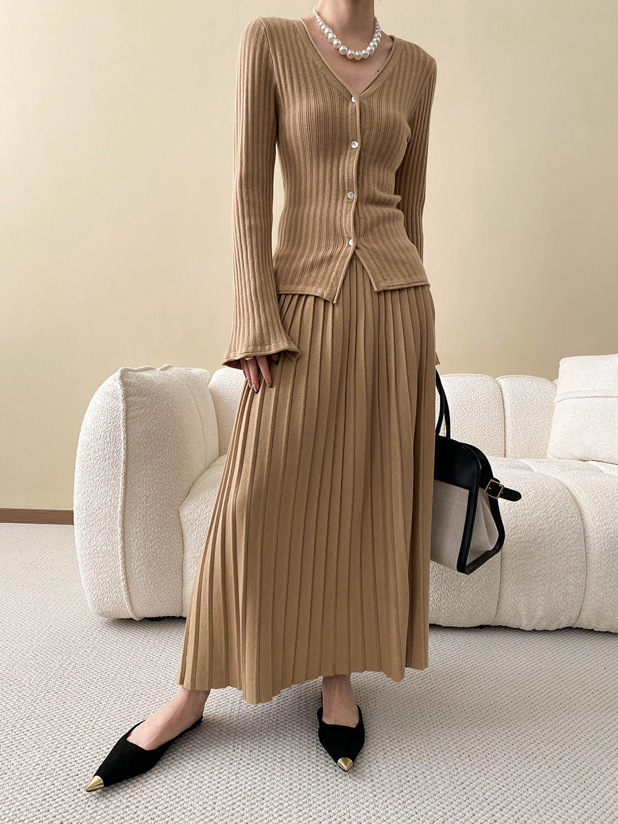 Knit Cardigan & Pleated Midi Skirt Set