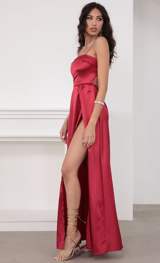 Red Spaghetti Strap Straight Neck Satin High Slit A-Line Maxi Dress 3