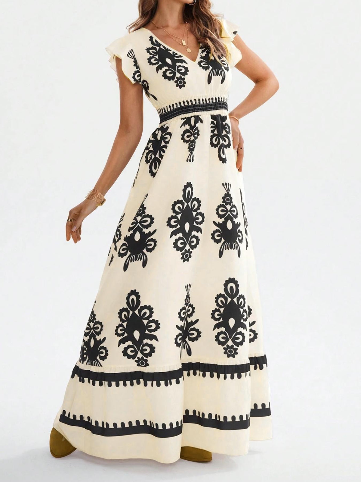 V-Neck Baroque Print Flutter Sleeve Smocked Waist Ruffle Maxi Dress 7