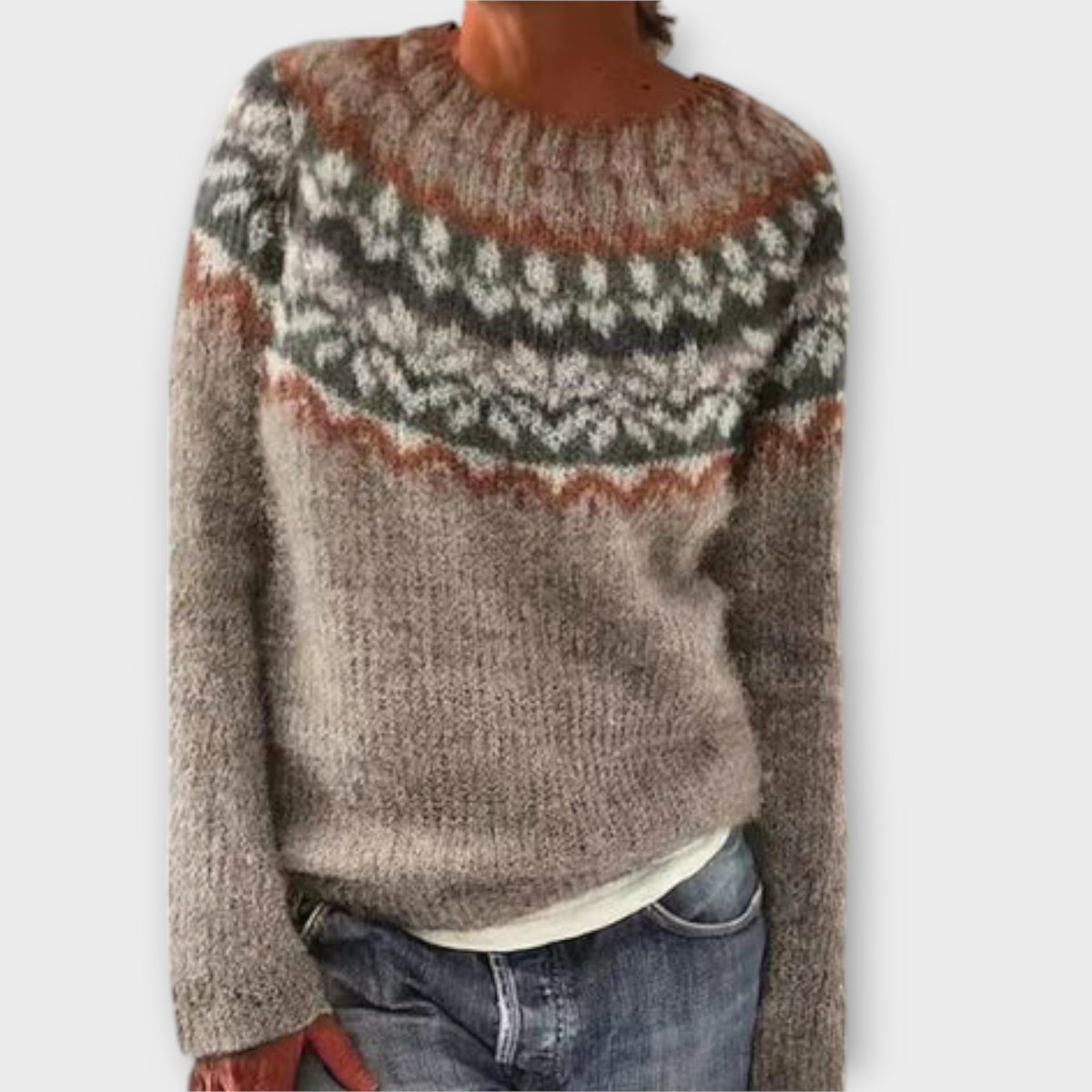 Round Neck Fair Isle Knit Long Sleeve Pullover Sweater 3