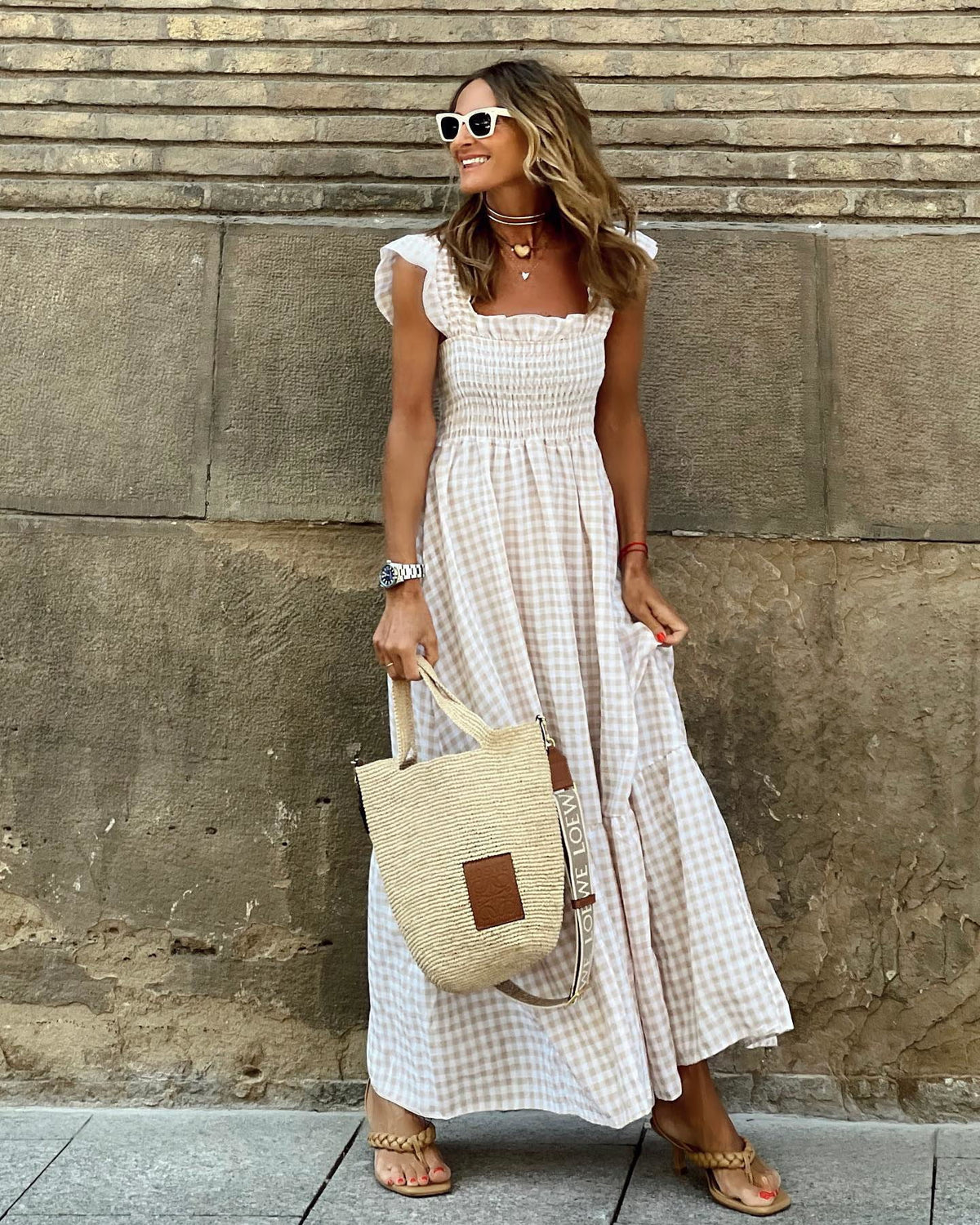 Square Neck Ruffle Strap Smocked Gingham Tiered Maxi Dress