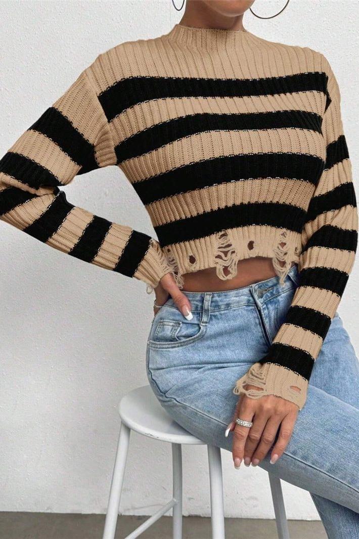 Round Neck Short Striped Sweater