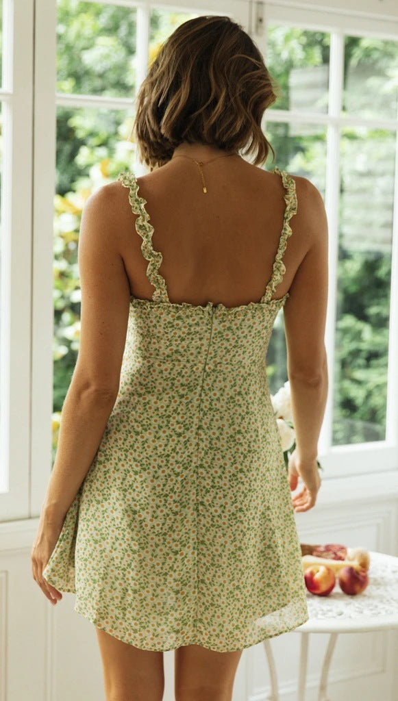 Green Floral Ruffled Strap Mini Dress
