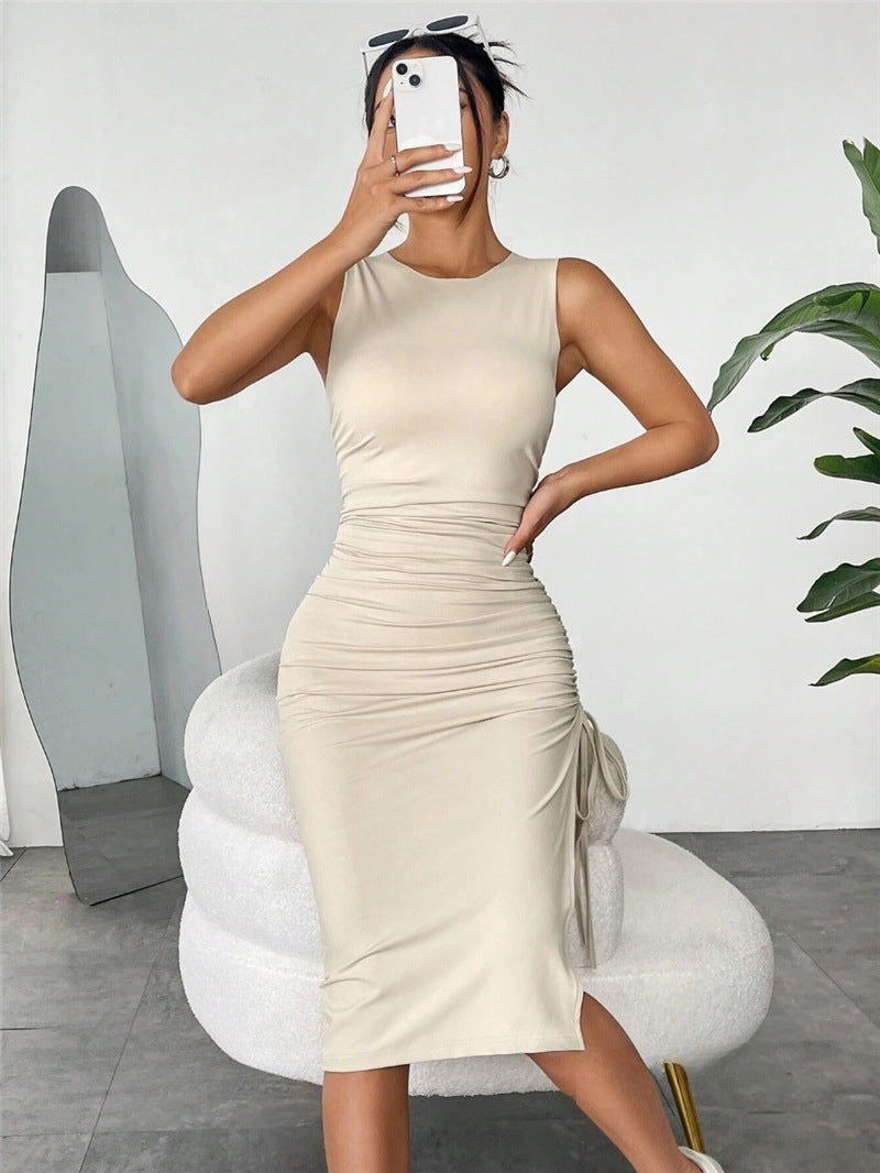 Sleeveless Vest dress Pleated Drawstring Slim Fit Hip Dress Summer