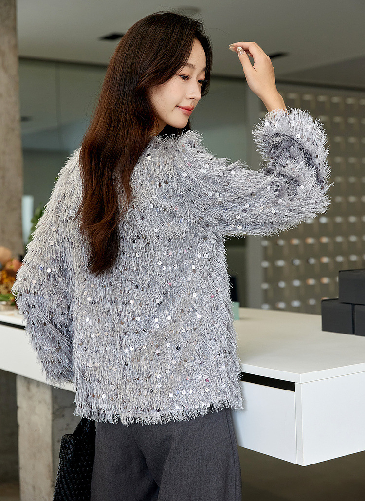 Sequin Fringe Crewneck Blouse �Elegant Straight Fit