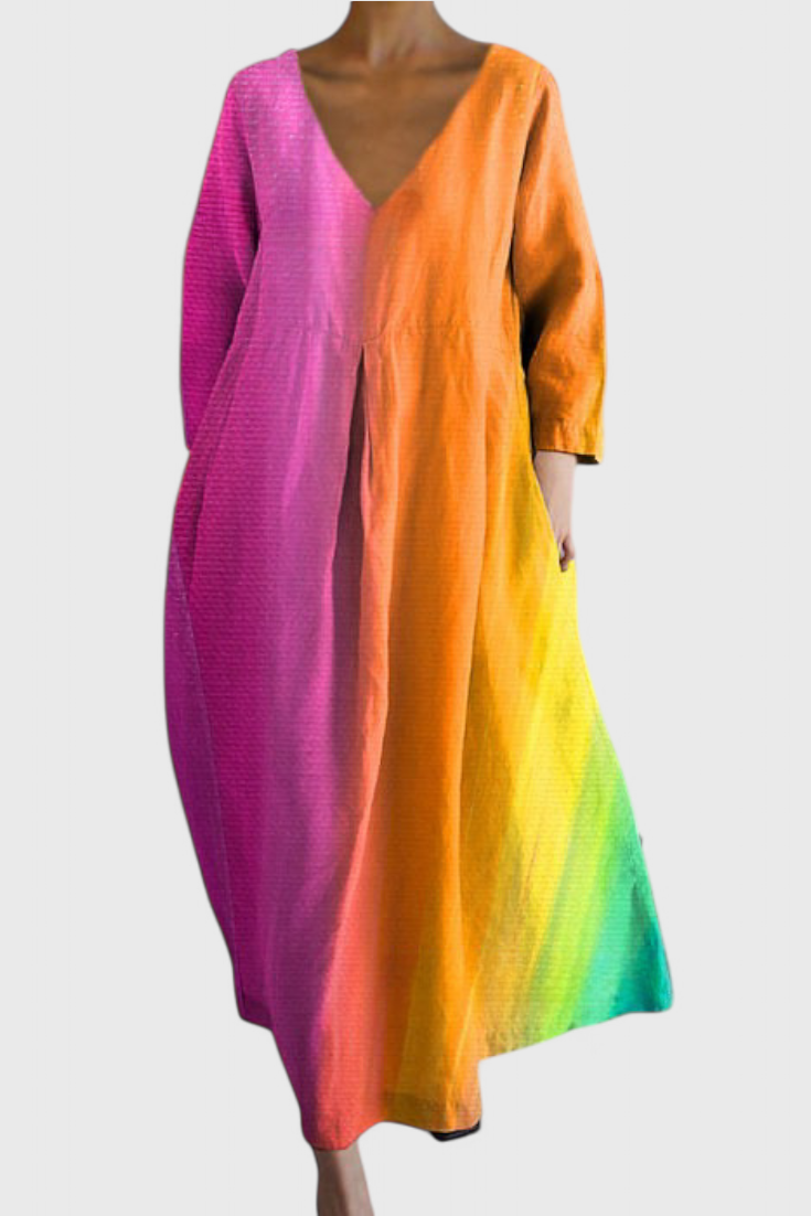 V-Neck Abstract Watercolor Print Pleated Pocket Cocoon Midi Dress 3