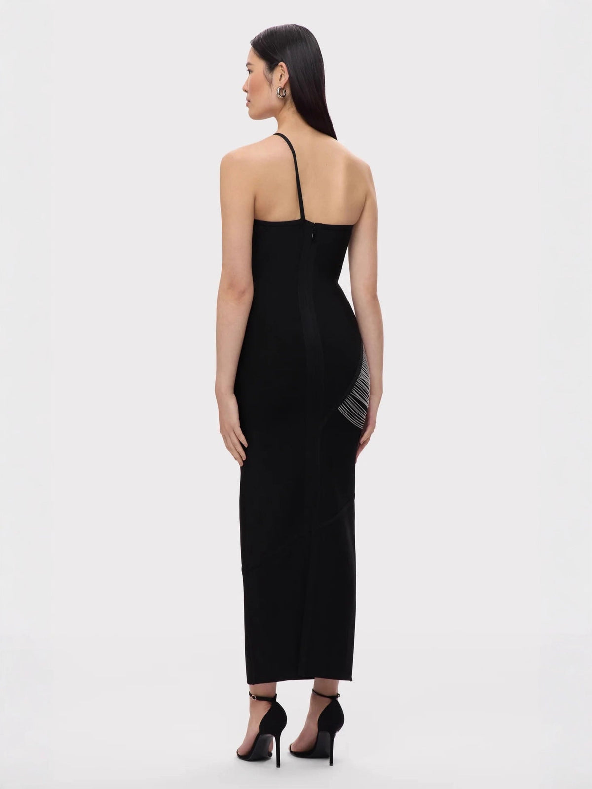 Black One-Shoulder Chain Fringe Draped Bodycon Maxi Dress