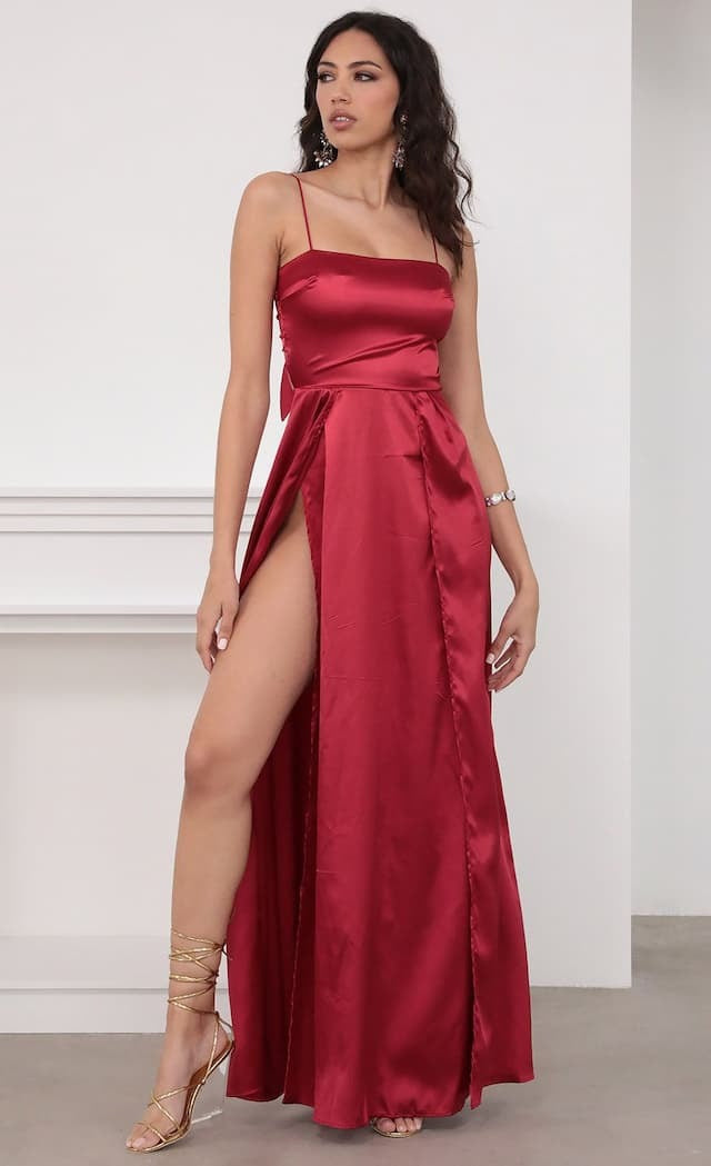 Red Spaghetti Strap Straight Neck Satin High Slit A-Line Maxi Dress 2