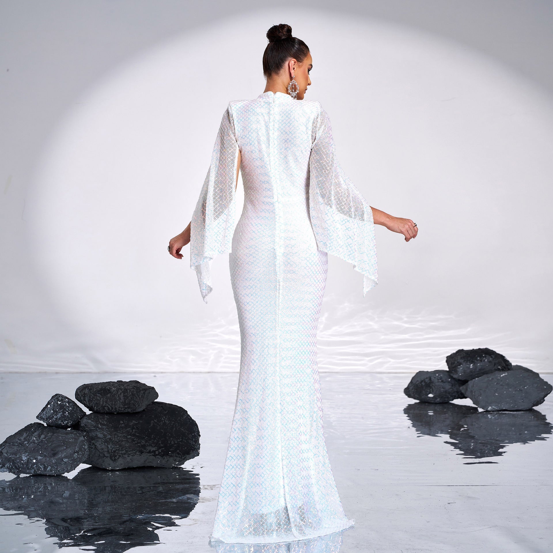 Mock Neck Cape Sleeve Sequin Mermaid Gown