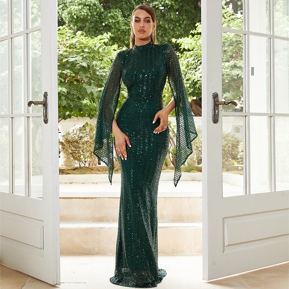 Mock Neck Cape Sleeve Sequin Mermaid Gown