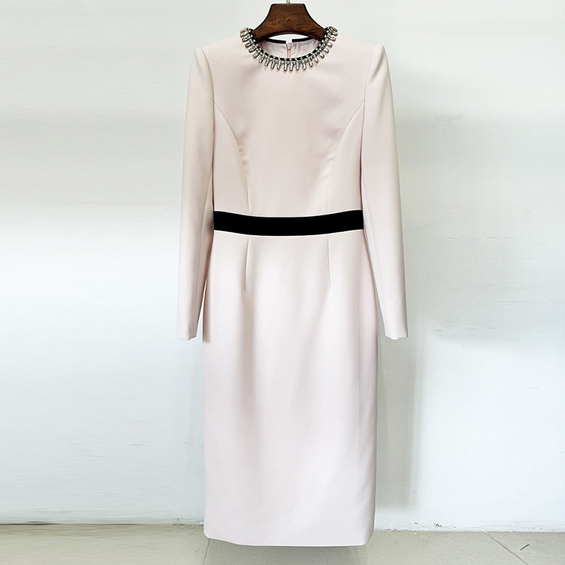 Socialite Simple Graceful Diamond Beaded Color Matching Long Sleeve Dress