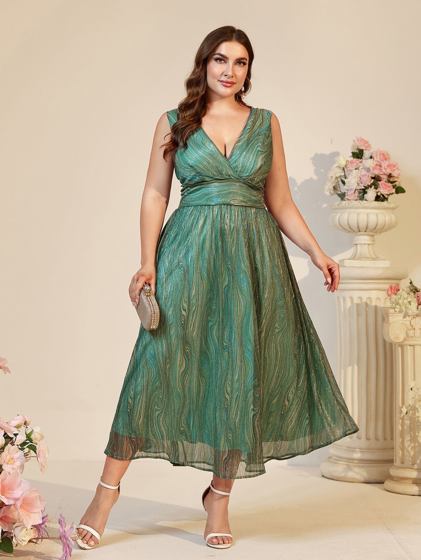 Plus Size Deep V Plunge Girdle Suspender Maxi Dress Elegant Dress