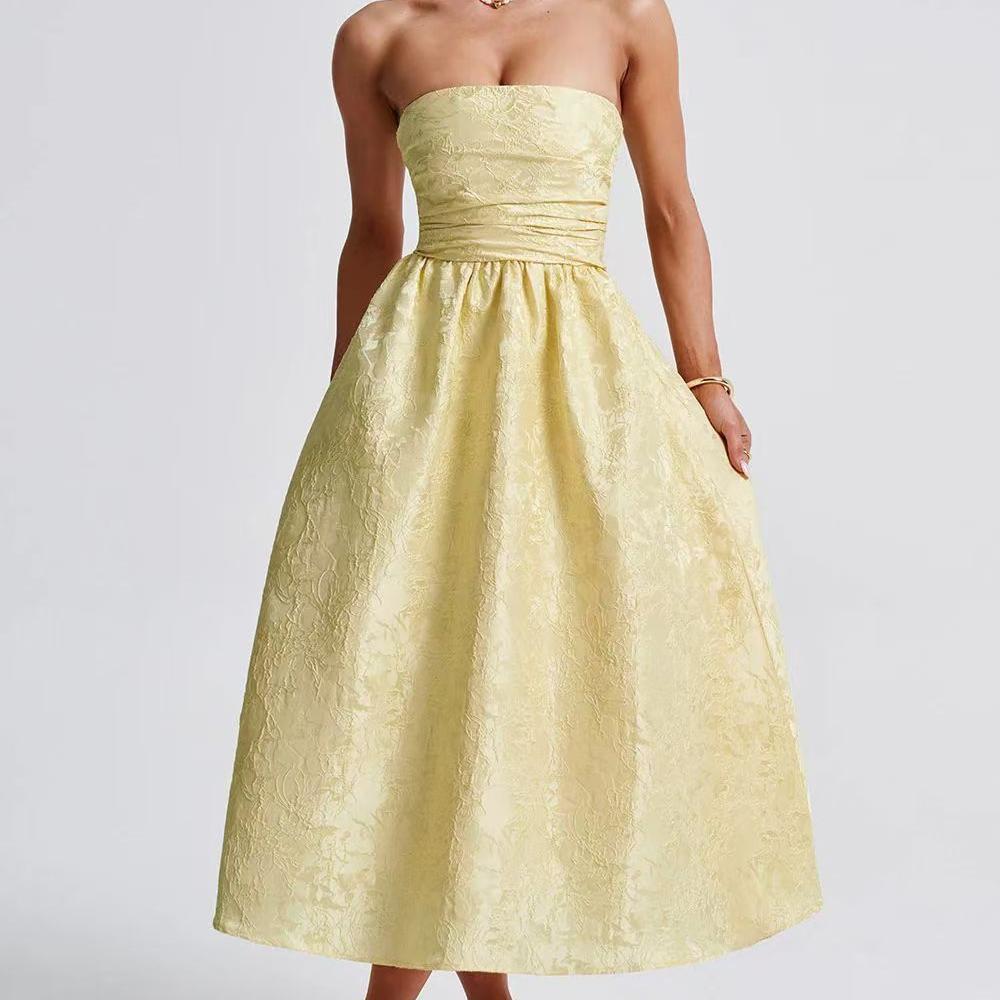 Strapless Jacquard Ruched Waist A-Line Midi Dress
