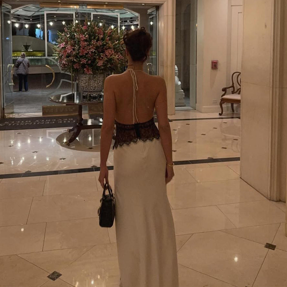 Dinner Elegant Lace - Paneled Halter Maxi Dress