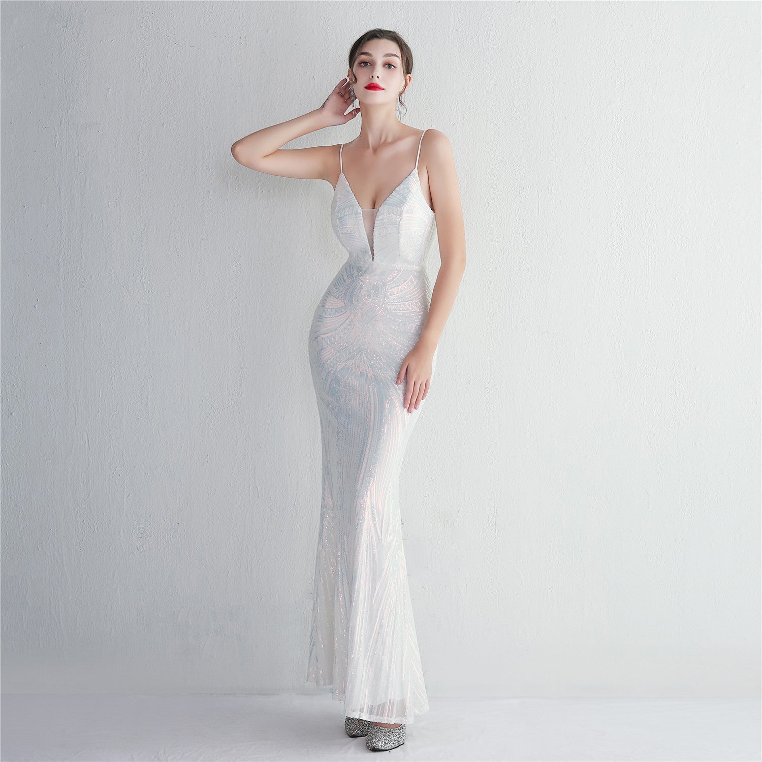 Liana Formal Sequin Charming Scroll Mermaid Dress White / S S.o. Long Dresses
