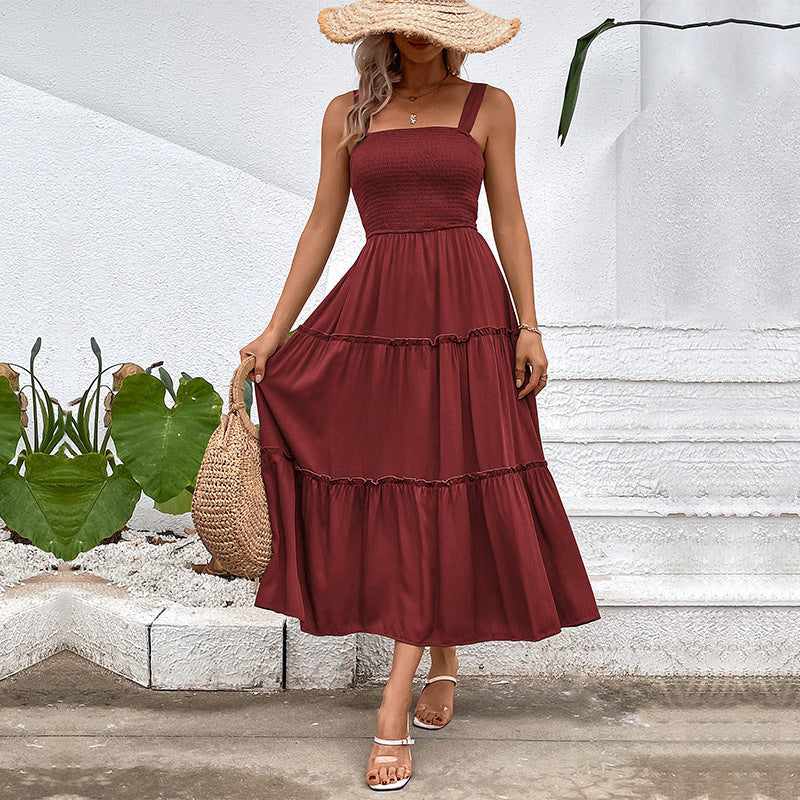 Square Neck Strap Smocked Shirred Tiered A-Line Midi Dress