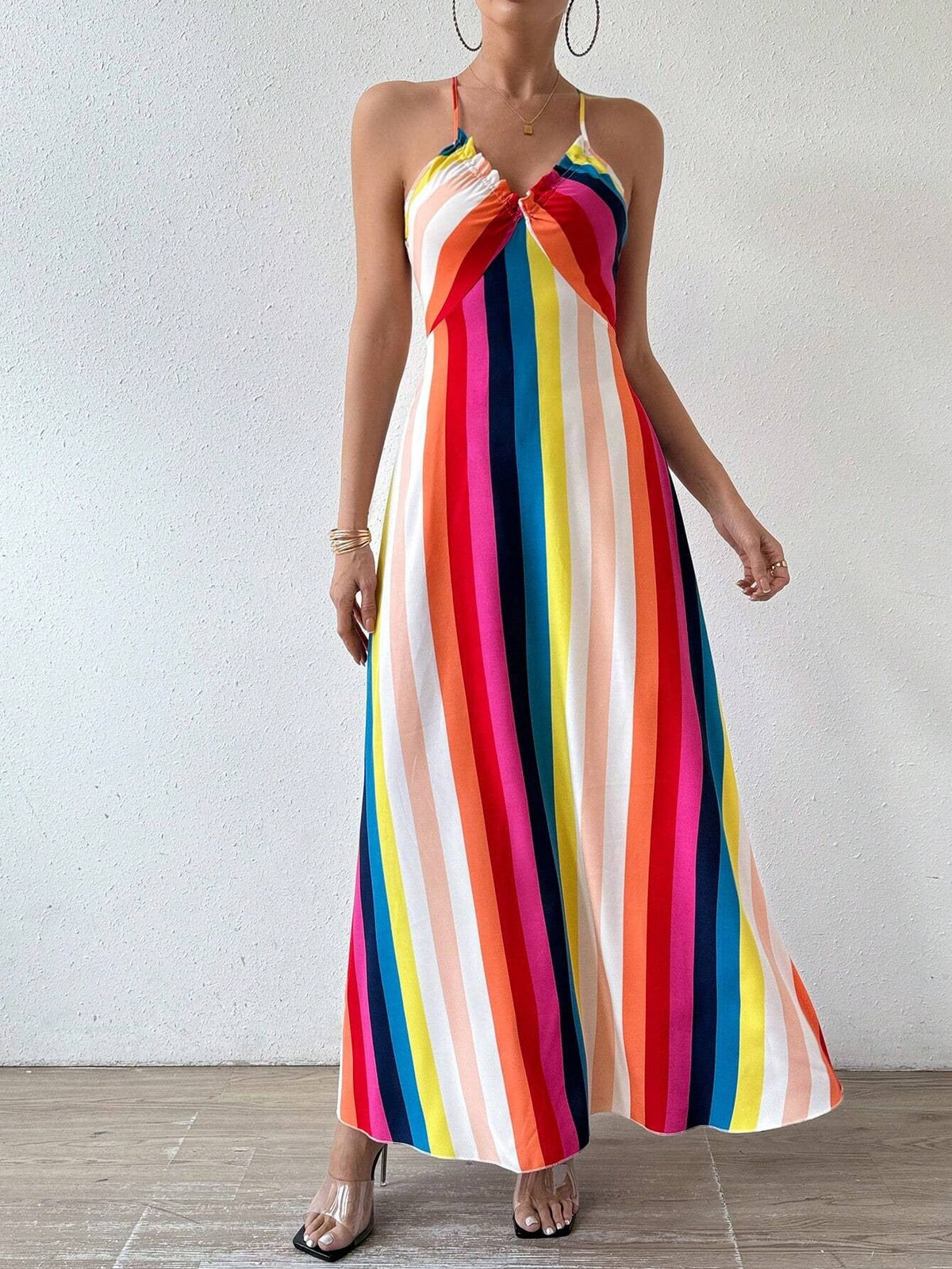 V-Neck Boho Print Spaghetti Strap Twist Front High Slit Maxi Dress