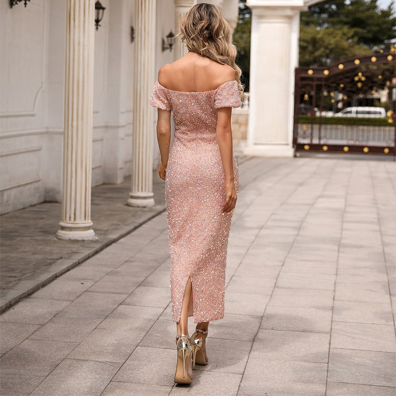 Off-Shoulder Puff Sleeve Sequin Bodycon Midi Dress