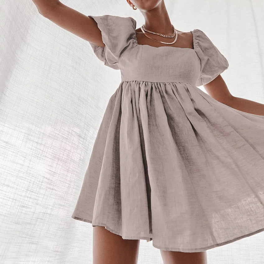 Khaki Square Neck Puff Sleeve Linen Babydoll Mini Dress 2