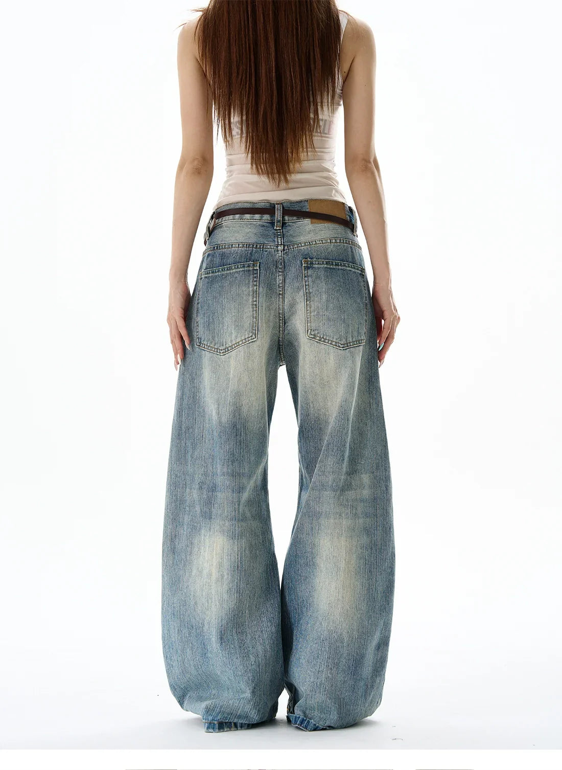 Heavy Knee Distressed Wide Leg Blue Jeans