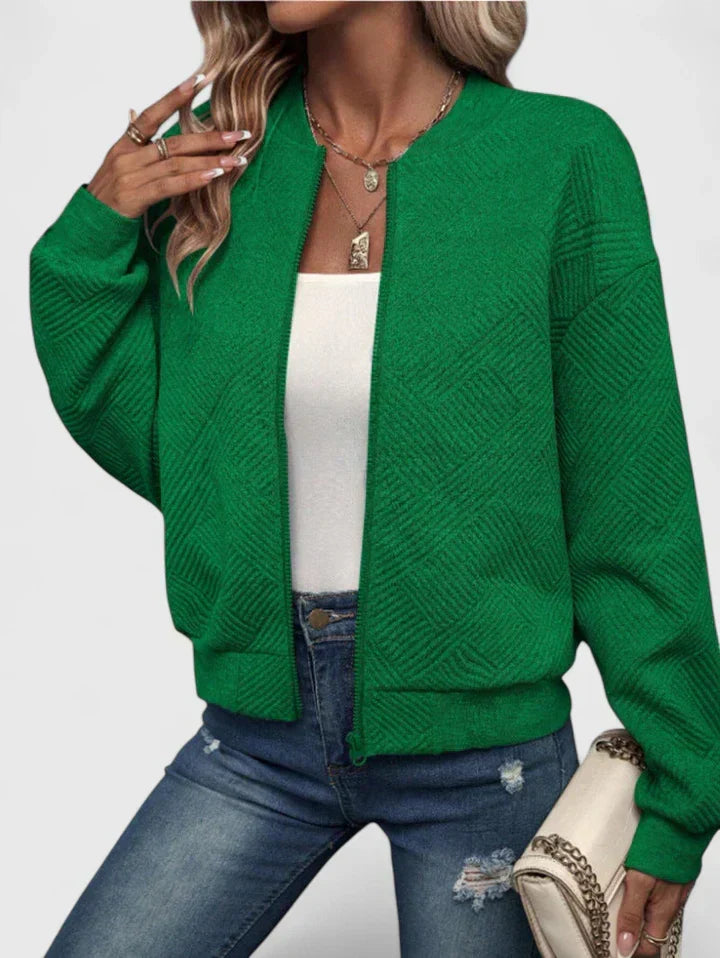 Stand Collar Textured Knit Zip Front Long Sleeve Bomber Jacket