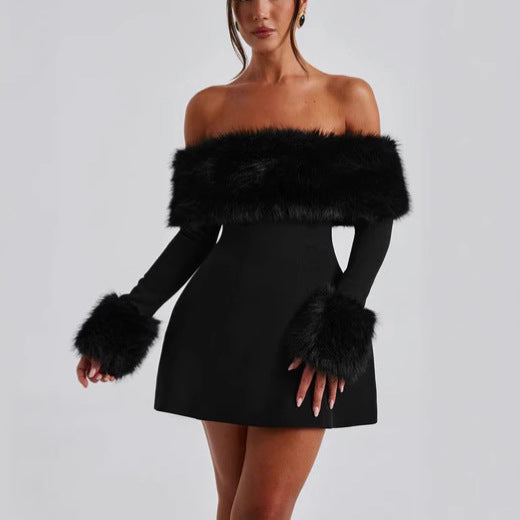 Luxurious Sexy Party Black Fur Collar Dress