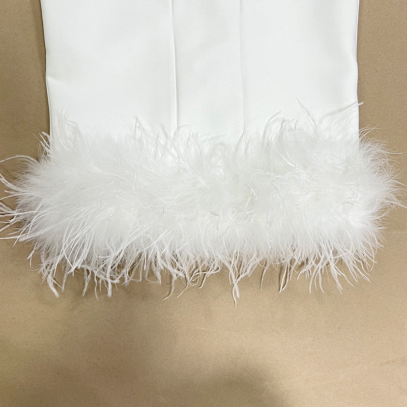 White Strappy Feather Midi Bandage Dress