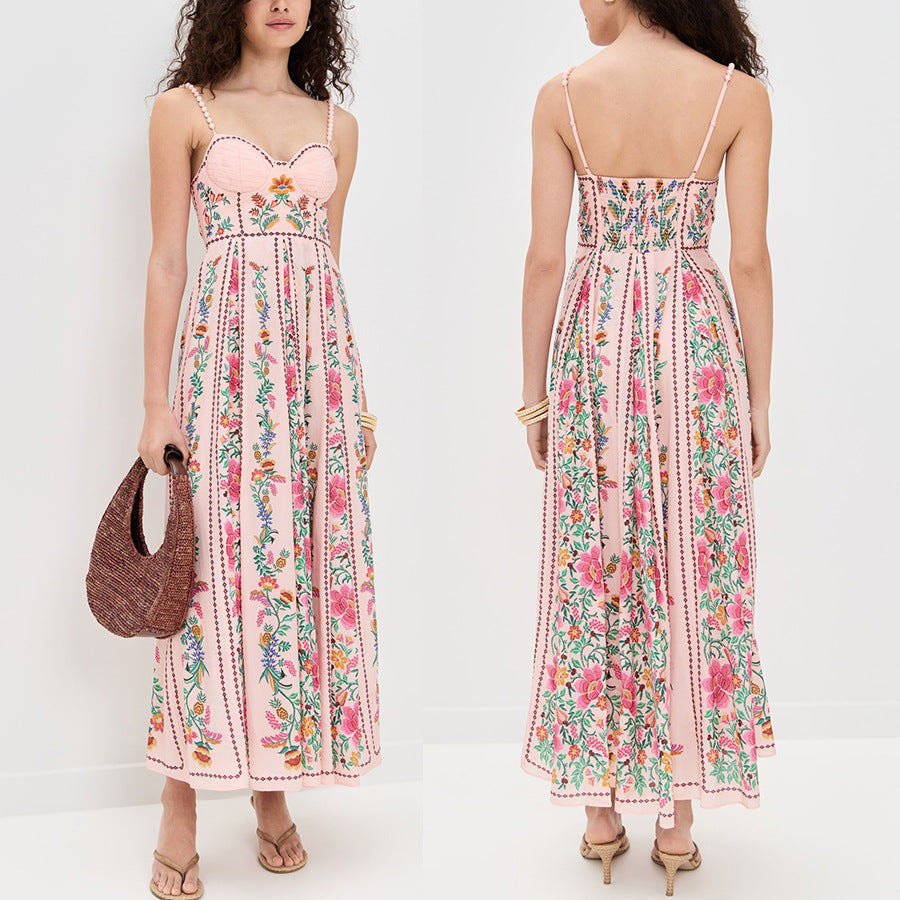 Spaghetti Strap Sweetheart Neck Floral Print Smocked A-Line Maxi Dress