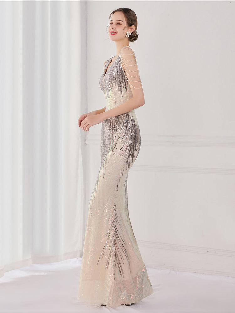Sequin suspender evening dress