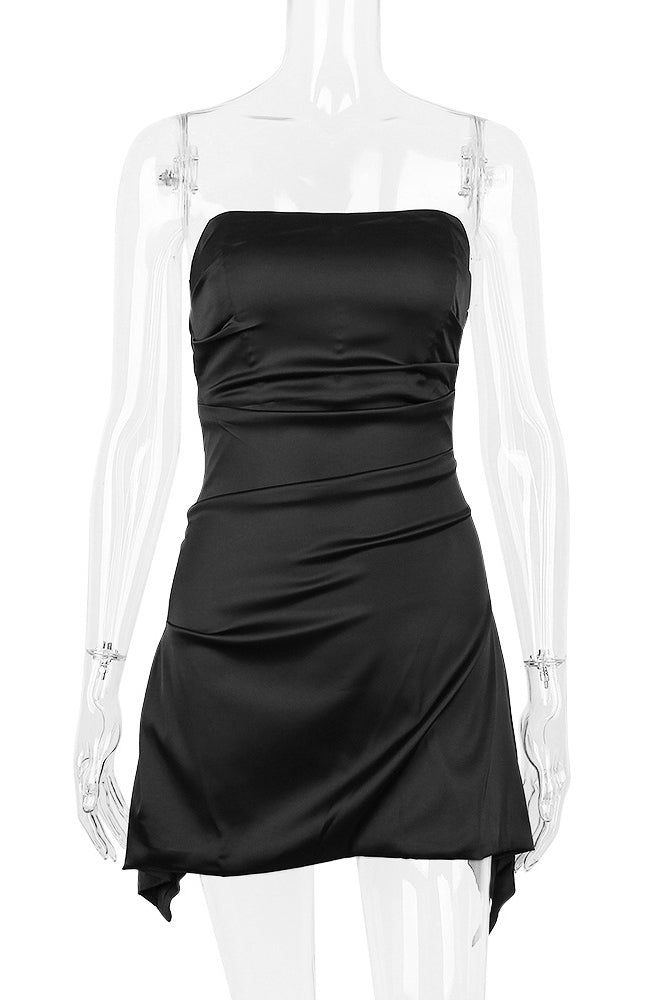 Black Strapless Pleated Satin Ruched Bodycon Mini Dress