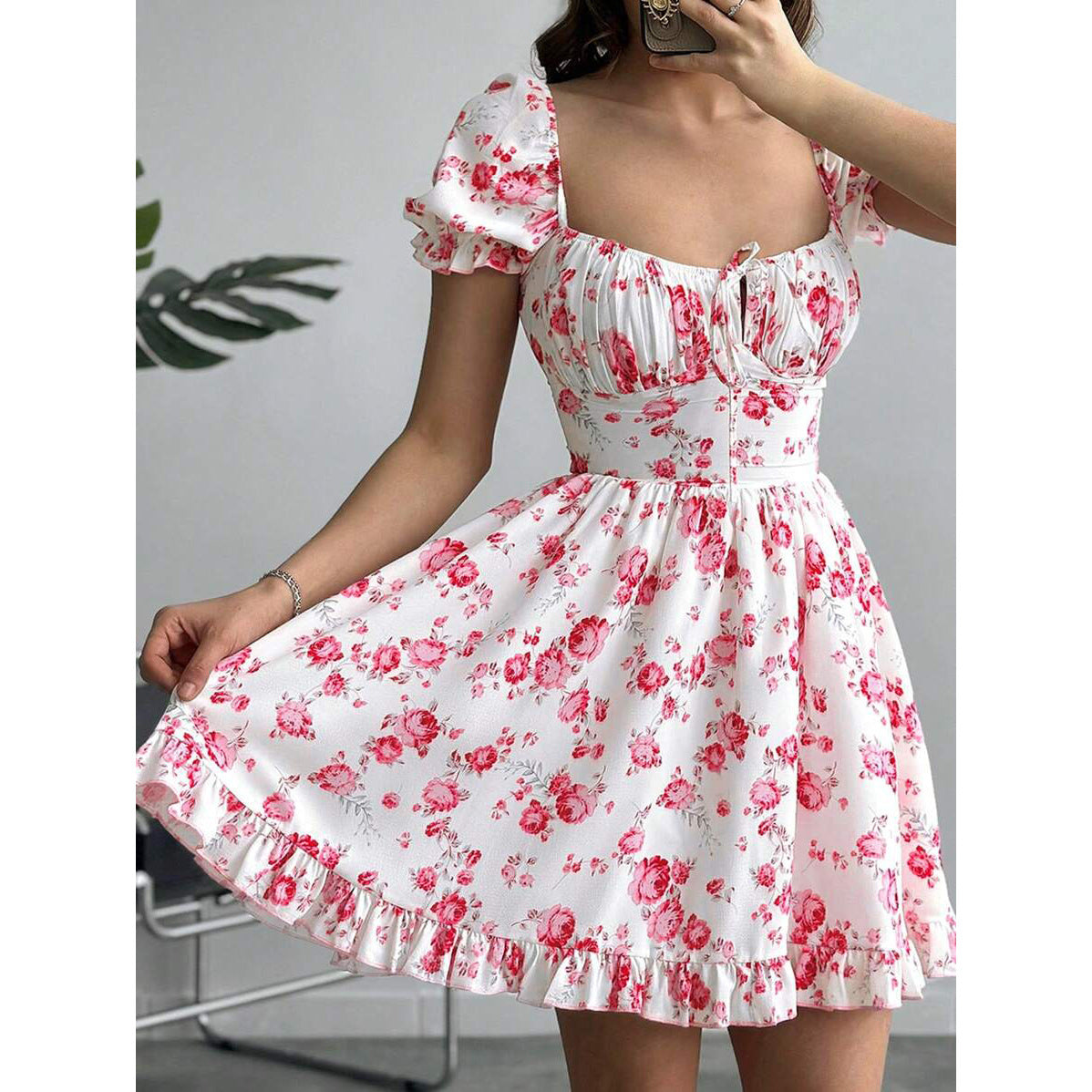 Tatiana Chic Women's Floral Basic Dress with Puff Sleeves and Adjustable Neckline Boutique Collection