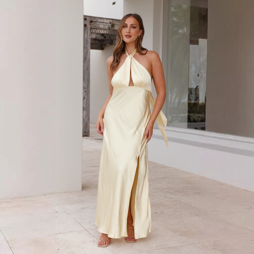 Halter Neck Satin Keyhole Cutout Backless High Slit Maxi Dress 2