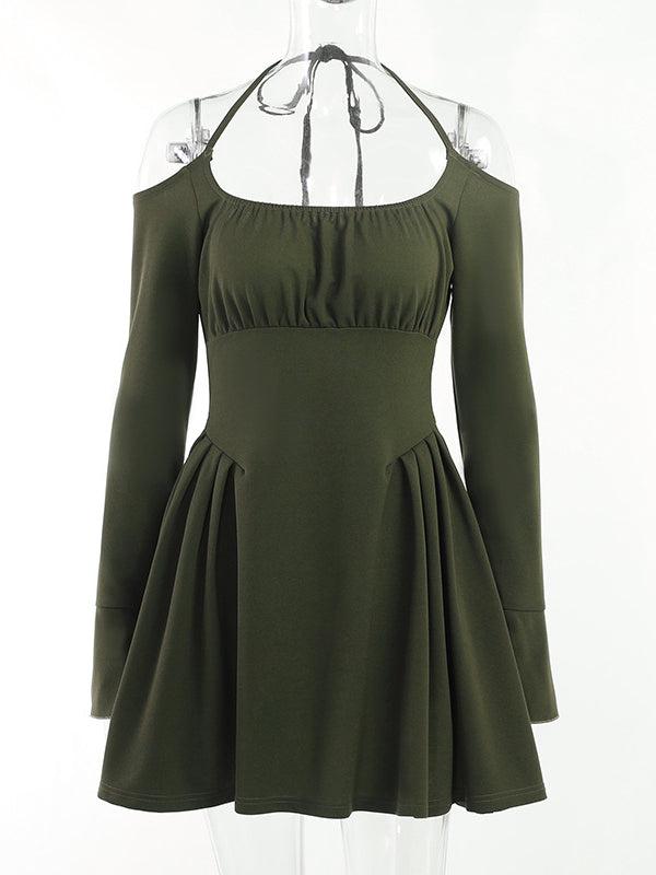 Green Cold Shoulder Dress With Fairycore Vibes S / Long Sleeve Skater Dress