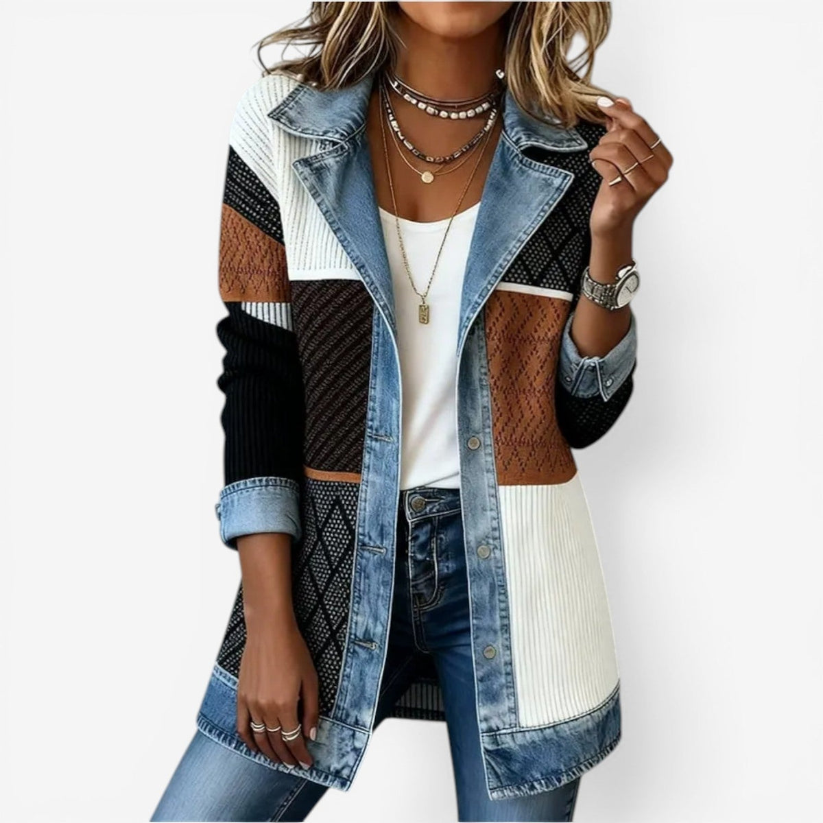 Notched Lapel Corduroy Denim Contrast Button Front Jacket 3