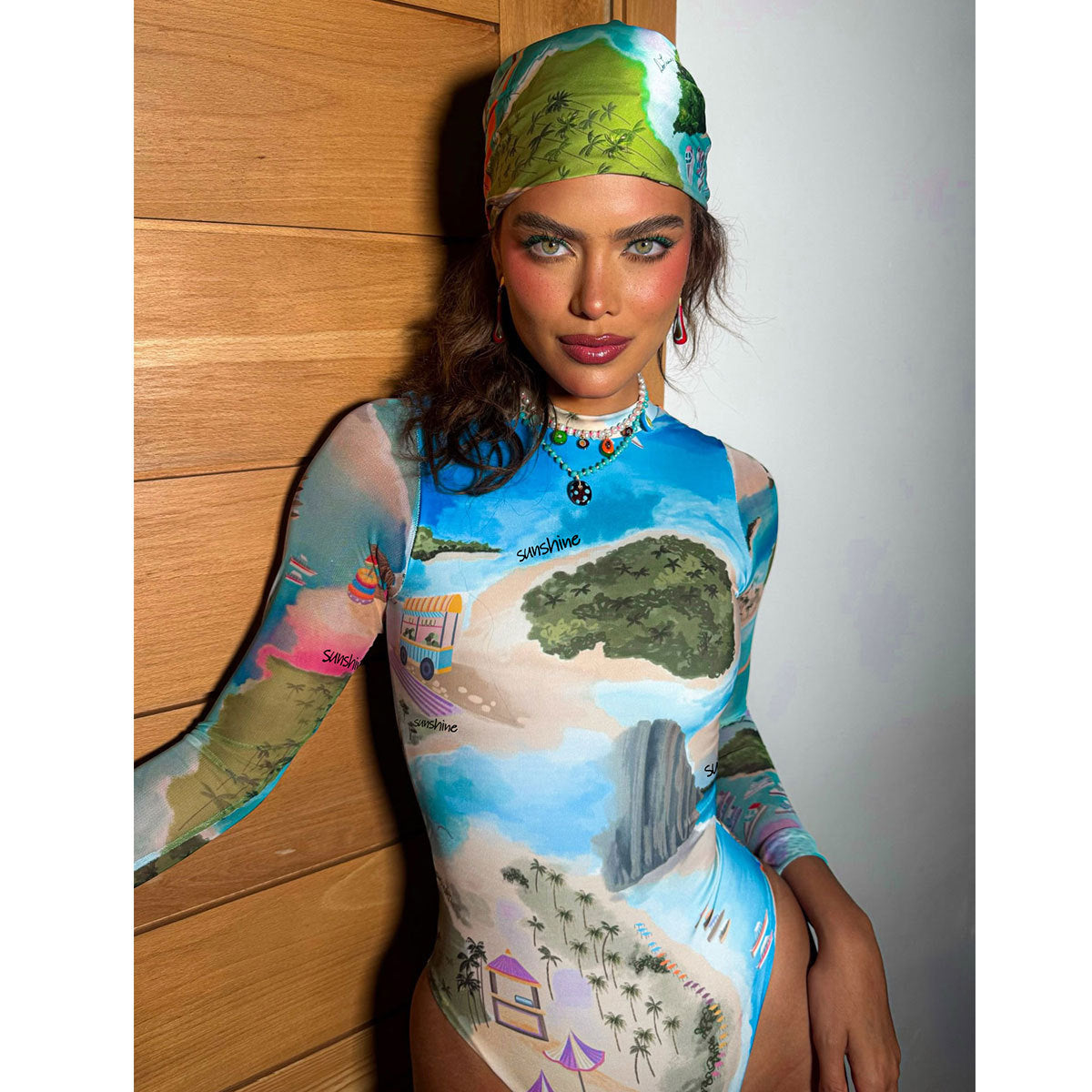 One Piece Swimsuit Women Zipper Mesh Long Sleeve Stitching Surfing Set