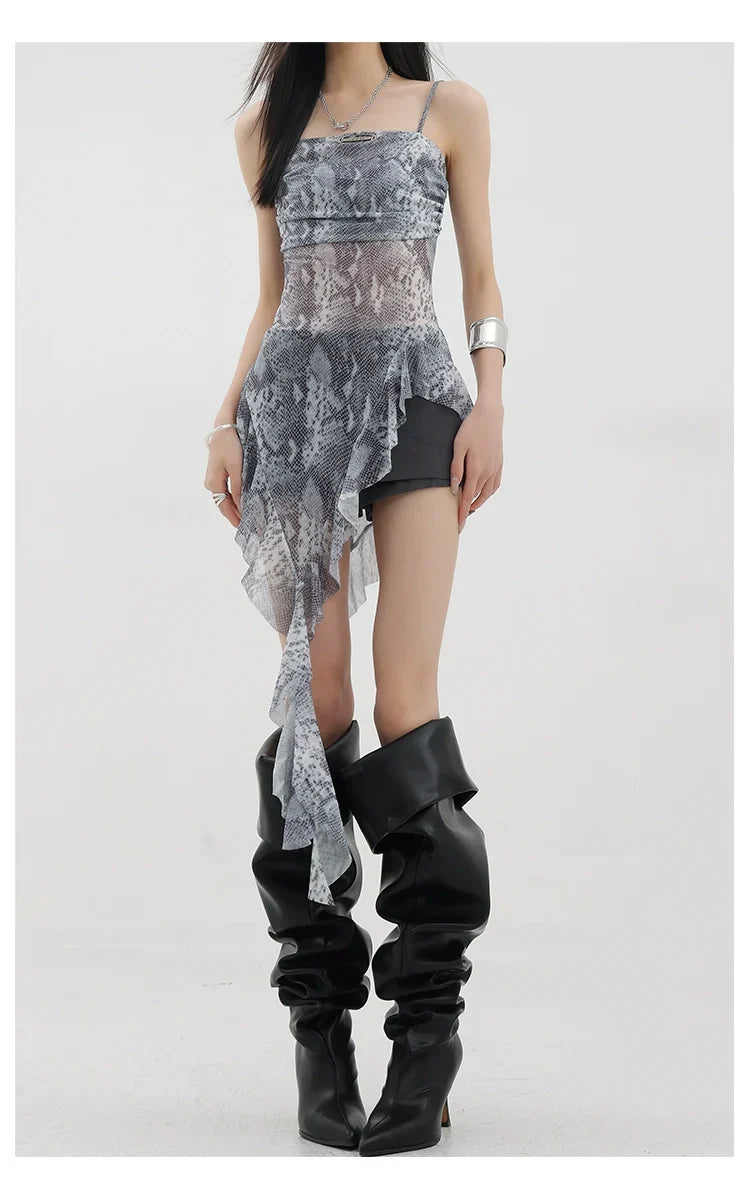 Black Asymmetric Ribbon Strap Tank Top With Ruffle Edge Design