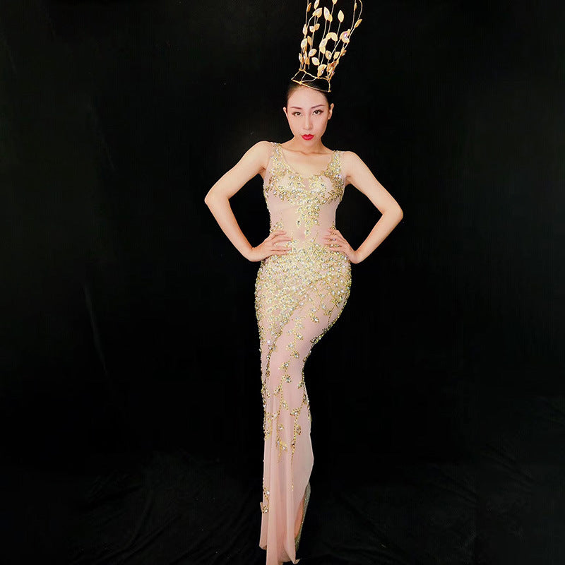 Floral Scoop Neck Rhinestone Beaded Sheer Mesh Mermaid Maxi Gown