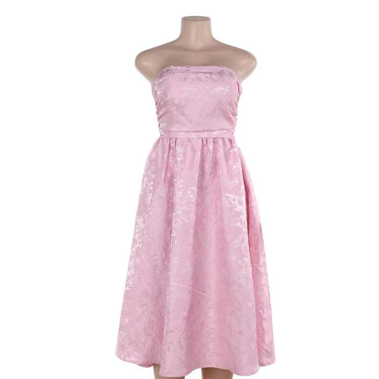 Strapless Jacquard Ruched Waist A-Line Midi Dress