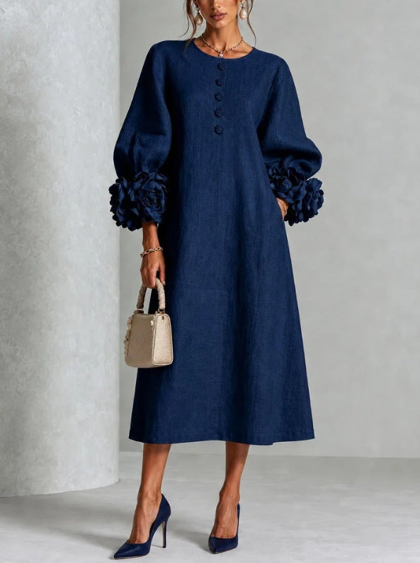 Round Neck Rosette Applique Puff Sleeve Button A-Line Midi Dress 11