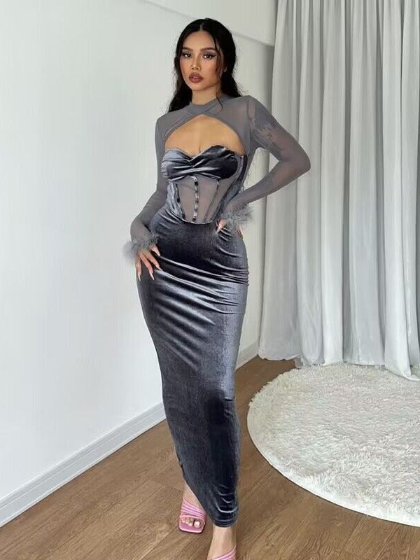 Evening Feather-Decorated Velvet Maxi Dress