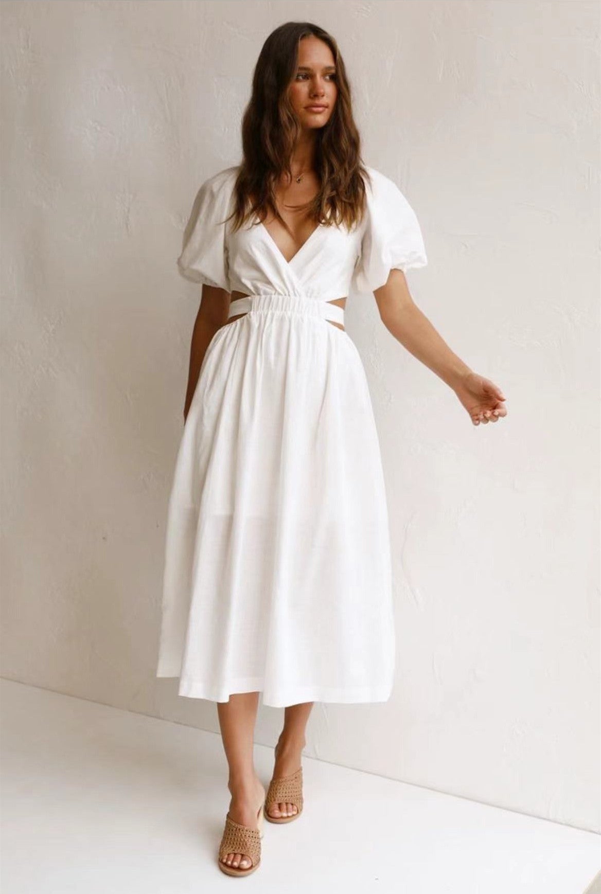 White V-Neck Puff Sleeve Waist Cutout Shirred A-Line Midi Dress 3
