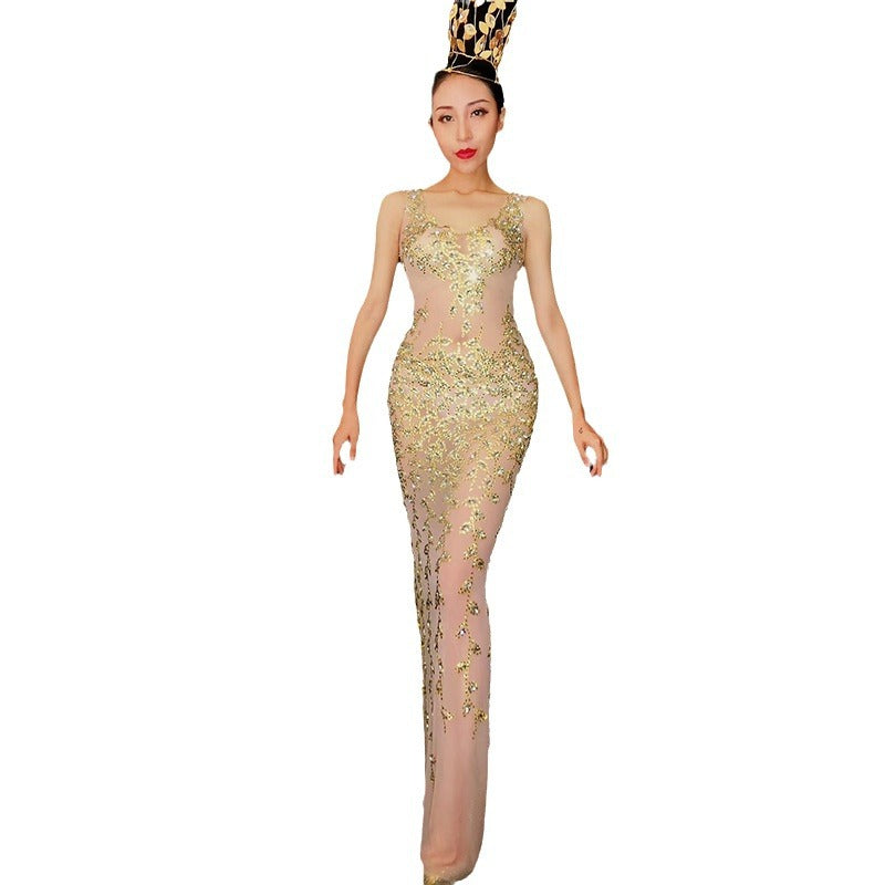 Floral Scoop Neck Rhinestone Beaded Sheer Mesh Mermaid Maxi Gown