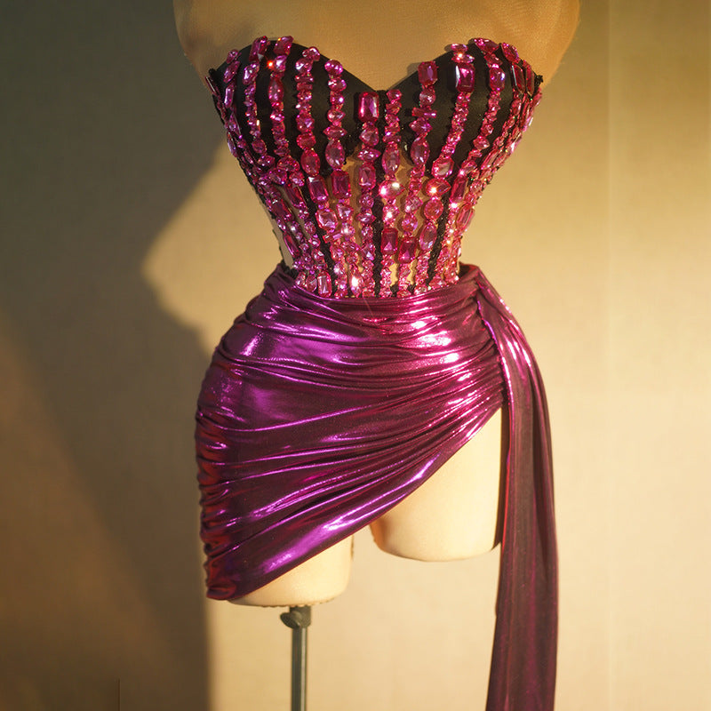 Strapless Crystal Fringe Ruched High Slit Two Piece Set