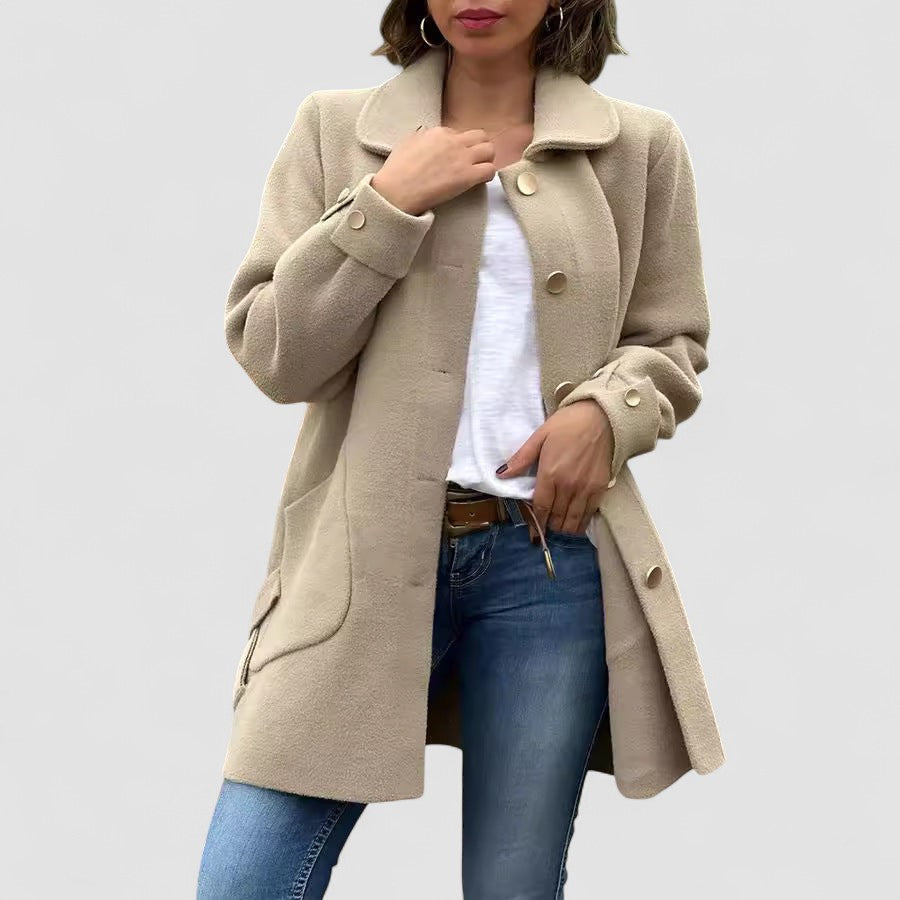 Lapel Collar Double Breasted Long Sleeve Fleece Coat