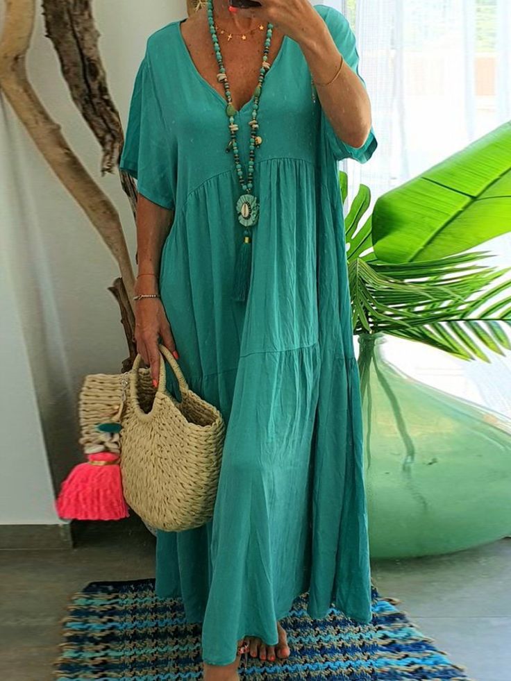 V-Neck Short Sleeve Tiered A-Line Flowy Maxi Dress