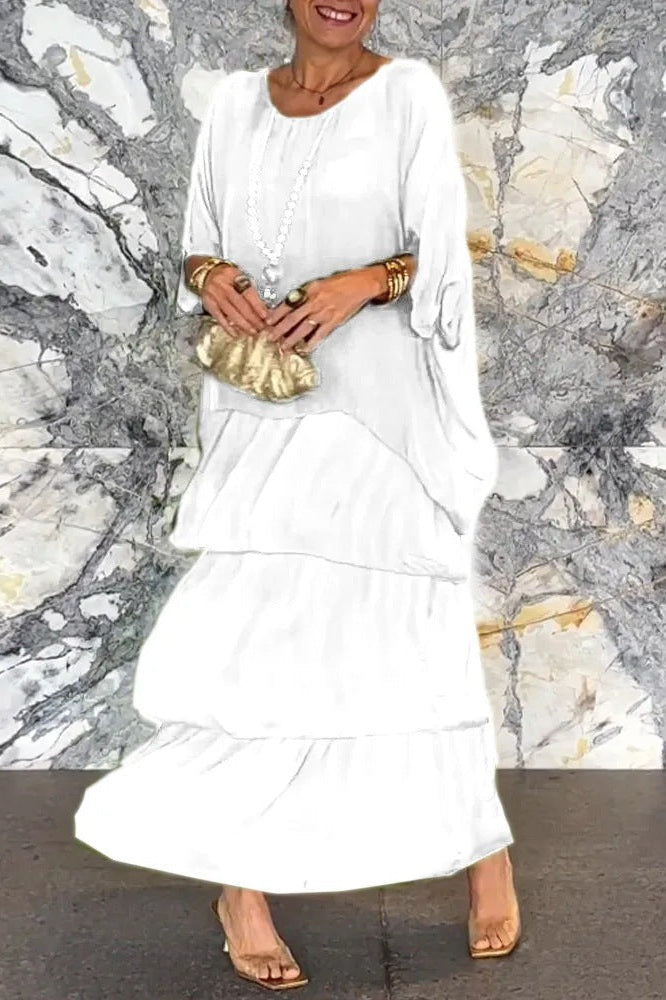 White Round Neck Batwing Sleeve Ruffle Tiered Layered Maxi Dress