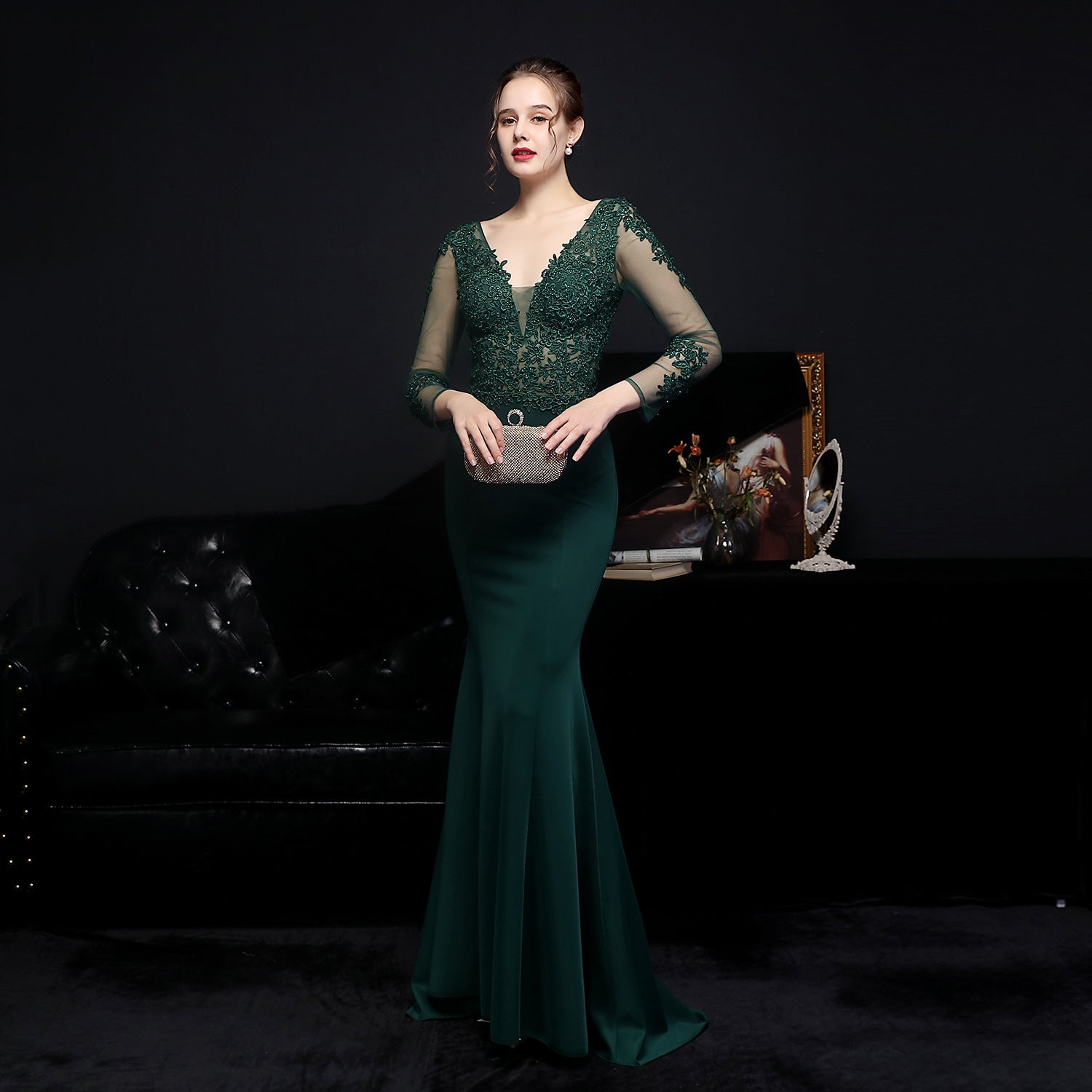 Full Craft Lace Diamond Toast Dress Bride Long Long Sleeve Appreciation Dinner Fishtail Evening Dress Formal Gown