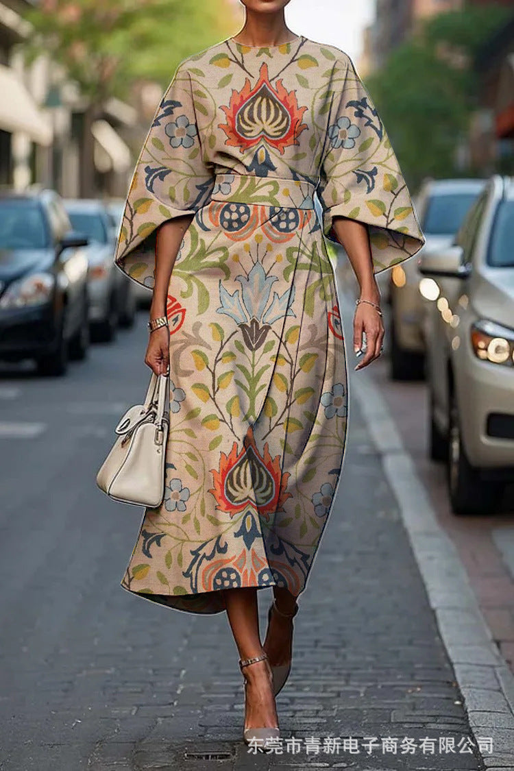 Round Neck Flare Sleeve Abstract Stripe Print A-Line Midi Dress
