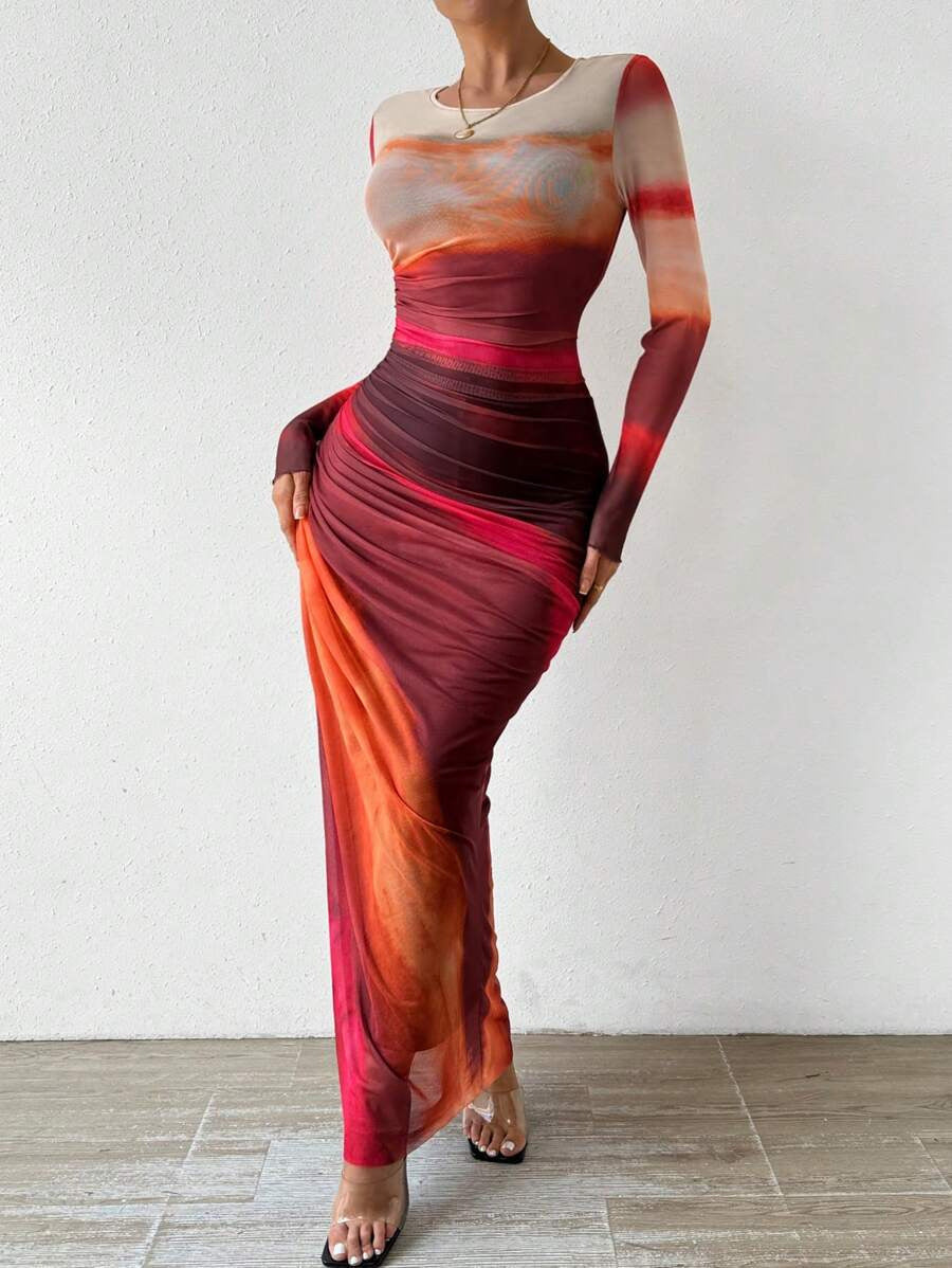Round Neck Long Sleeve Mesh Tie Dye Ruched Bodycon Maxi Dress 3